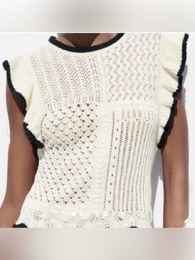 Zara Cream Openwork Knit Shell with Black Neckline